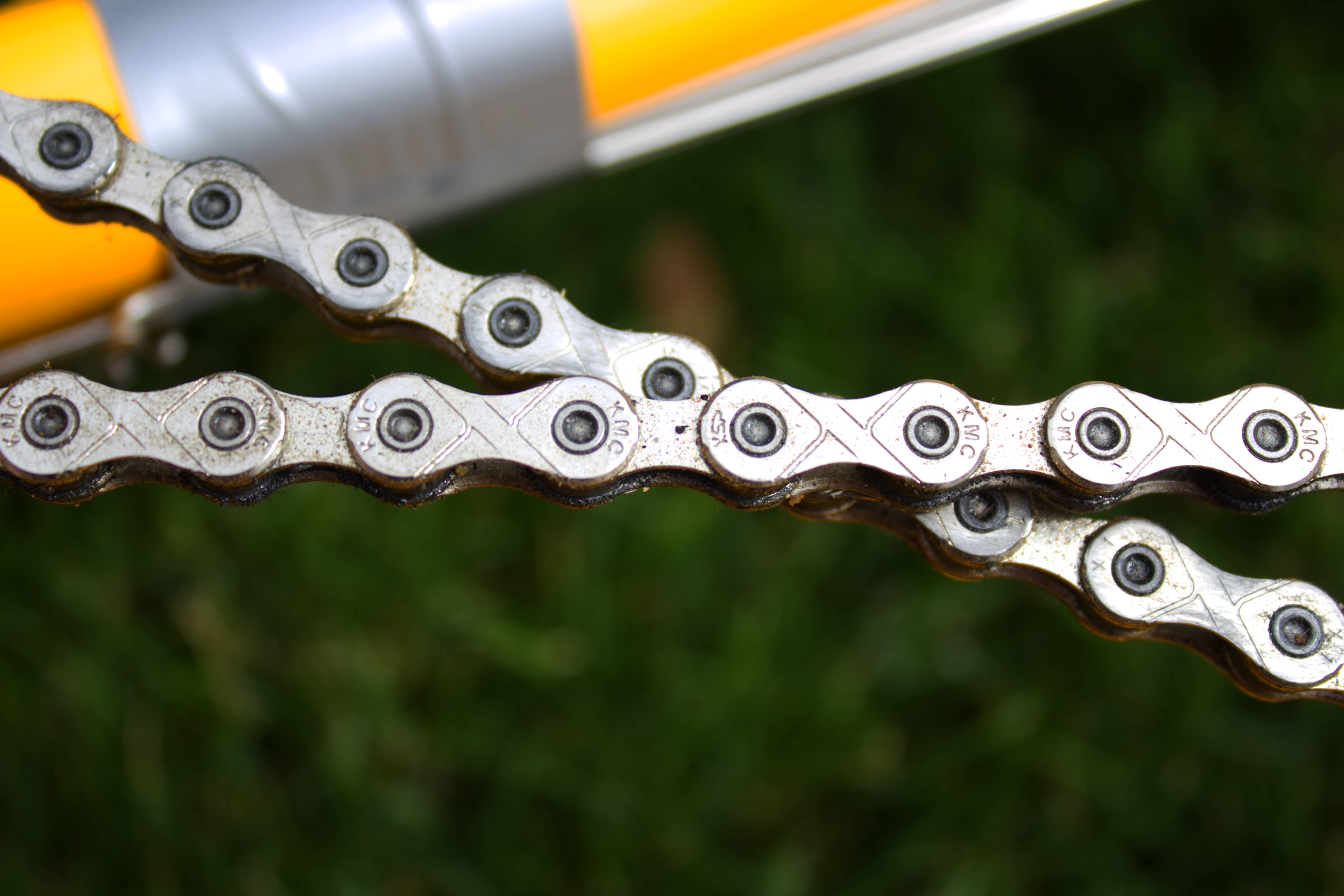 Close-up of a bike chain.