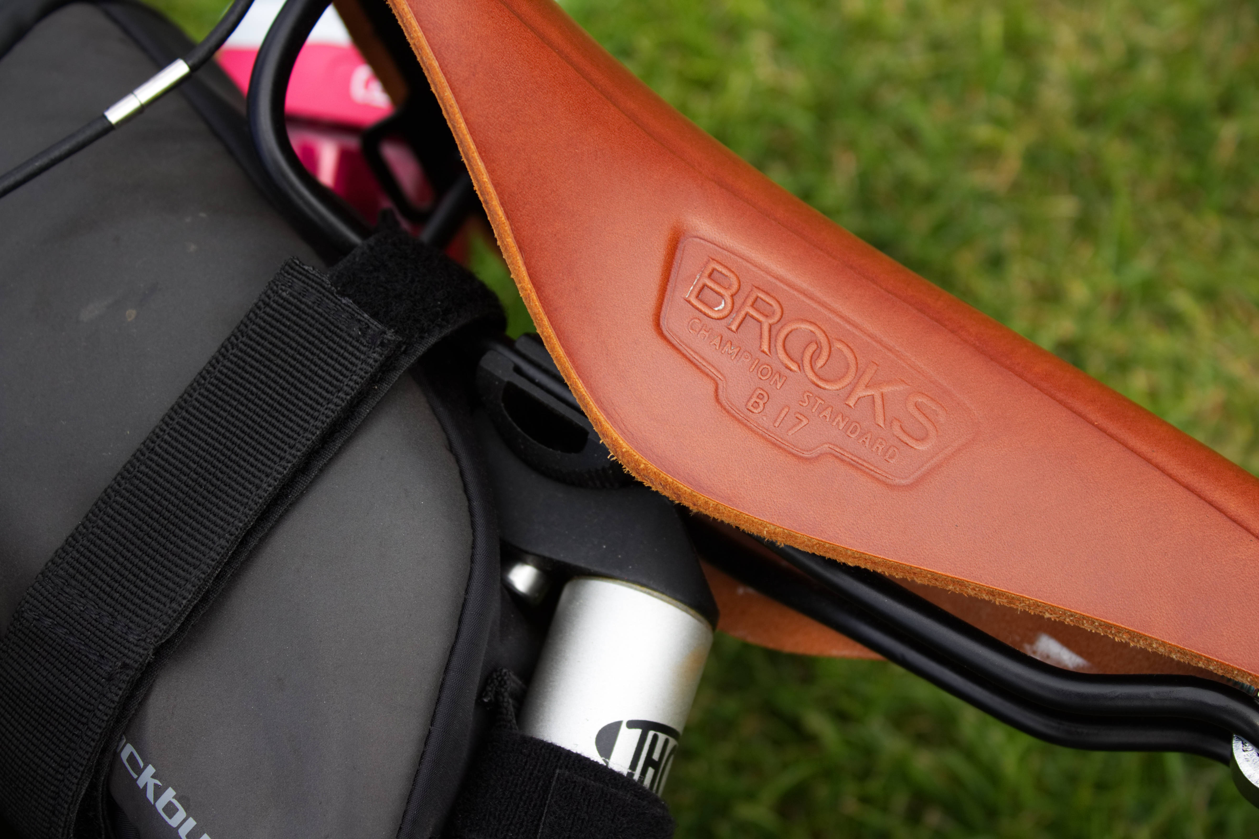 Close-up side view of Brooks B17 tan bicycle saddle.