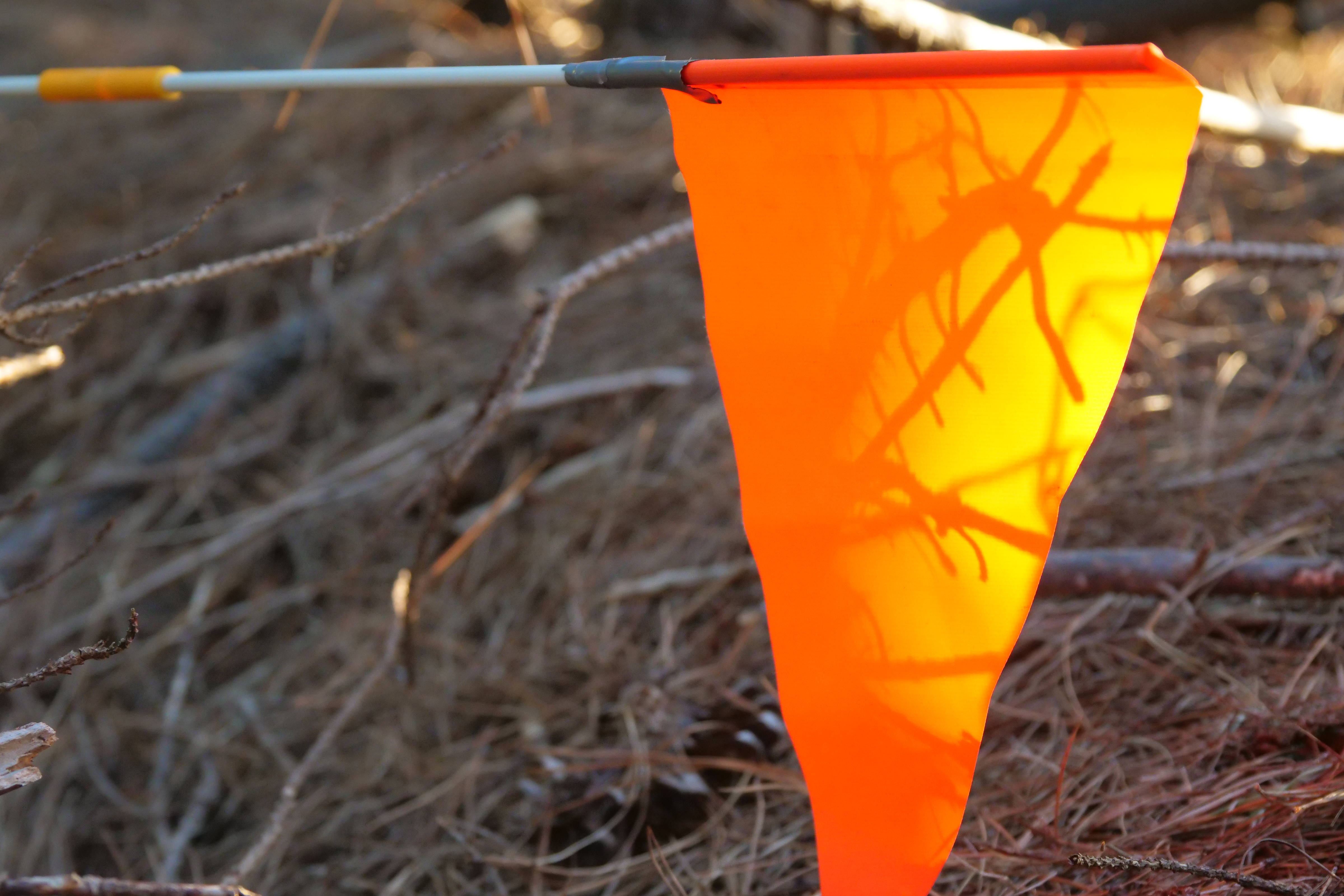 Fluorescent orange triangular safety flag used on touring bike. 